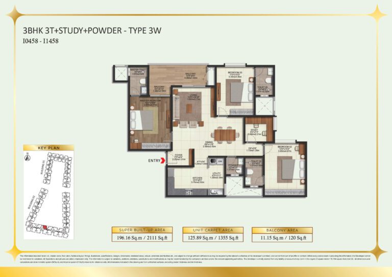 Brigade Eternia Floor Plan - 3BHK with study and extra washroom