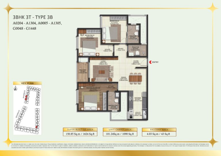 Brigade Eternia Floor Plan - 3BHK layout with attached bathrooms and deck