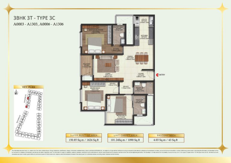Brigade Eternia Floor Plan - Functional 3BHK with balanced living and dining zones