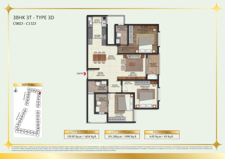 Brigade Eternia Floor Plan - Bright 3BHK plan with corner windows