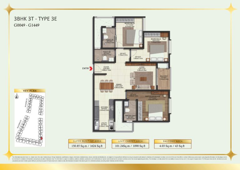 Brigade Eternia Floor Plan - Long linear 3BHK layout with open kitchen