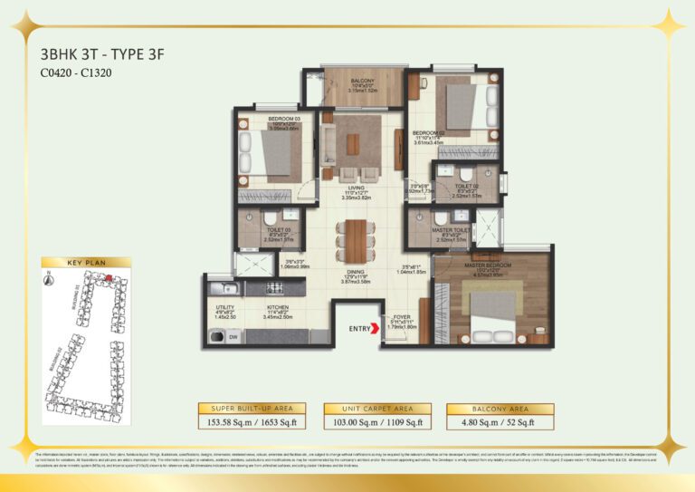 Brigade Eternia Floor Plan - Wide 3BHK layout with large master suite