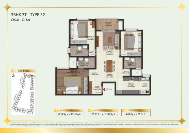 Brigade Eternia Floor Plan - Simple yet elegant 3BHK plan