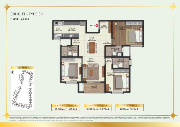 Brigade Eternia Floor Plan - Contemporary 3BHK layout with centralized living