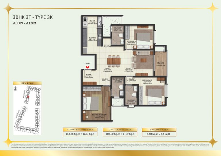 Brigade Eternia Floor Plan - Practical 3BHK with all bedrooms having bath access