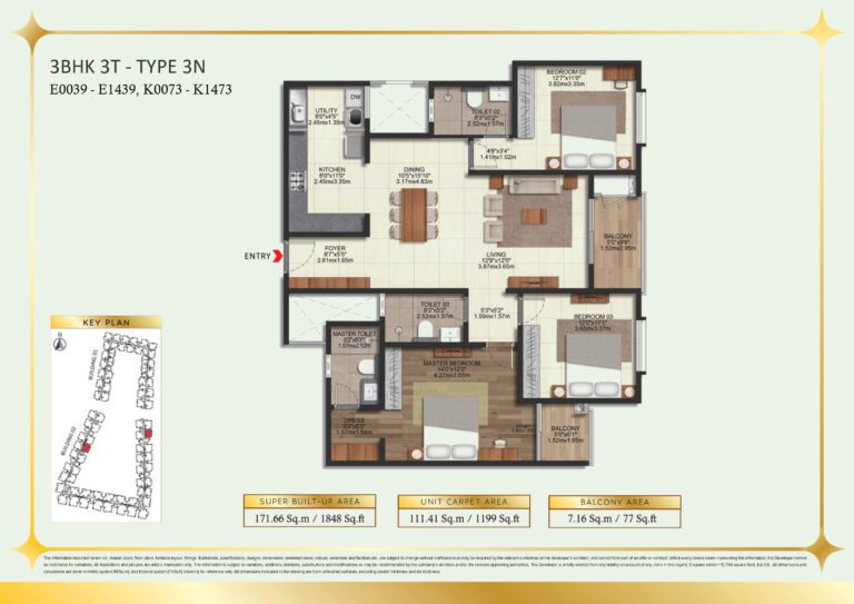 Brigade Eternia Floor Plan - Elongated 3BHK floor plan