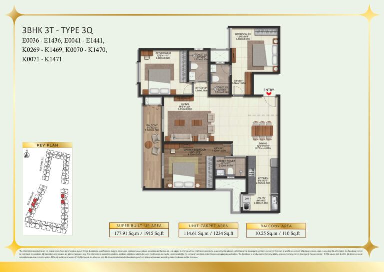 Brigade Eternia Floor Plan - Spacious 3BHK with twin balconies