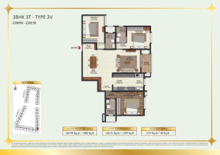 Brigade Eternia Floor Plan - Linear 3BHK design for slim towers