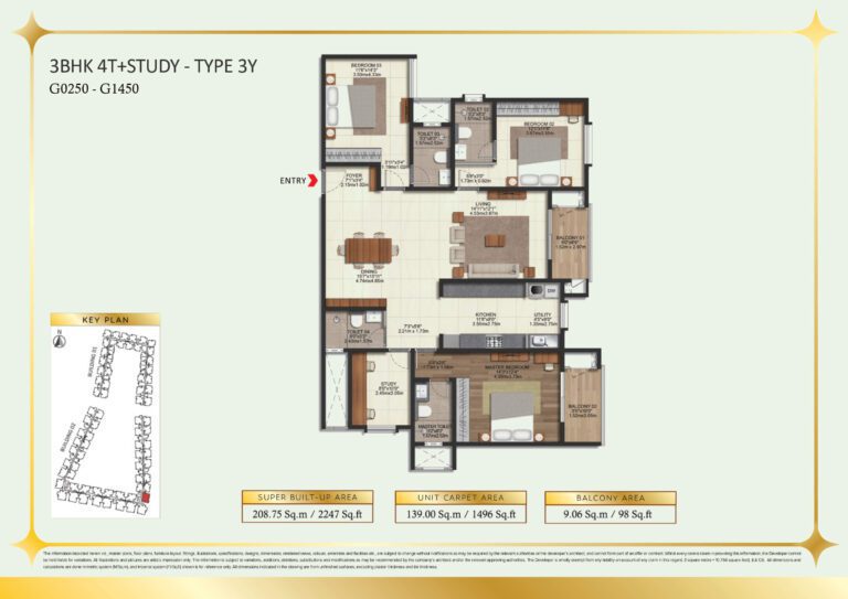 Brigade Eternia Floor Plan - 3BHK ultra-luxury layout with 4 bathrooms