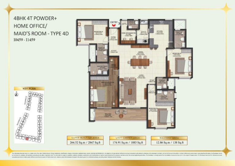 Brigade Eternia Floor Plan - 4BHK Type 4D layout with maid’s room and attached bathrooms