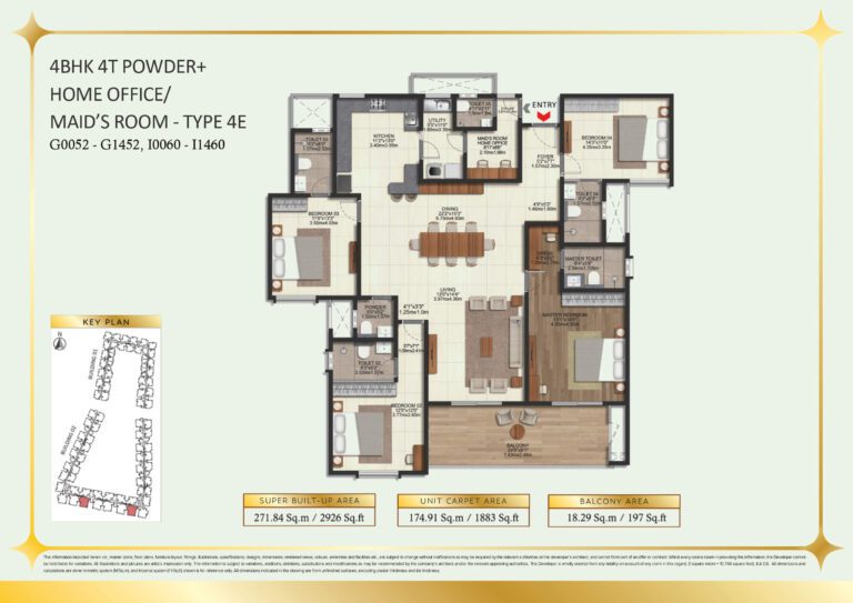 Brigade Eternia Floor Plan - 4BHK Type 4E with corner unit layout and separate staff quarters