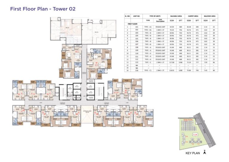 First floor plan of Tower 02 at Sattva Songbird Budigere Road