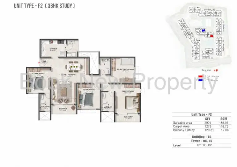 Prestige Evergreen Unit Type F2 3 BHK Study Floor Plan