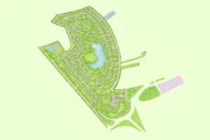 Aerial-style illustration of the proposed township layout planned by Sobha in Hoskote.