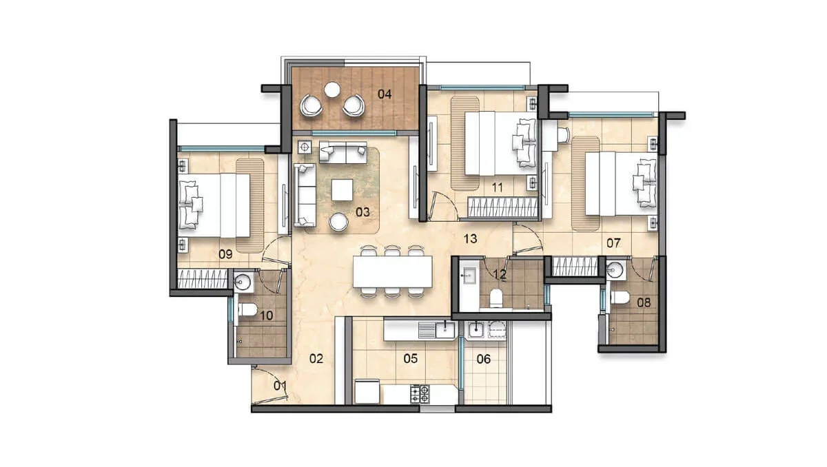 3 BHK Floor Plan – Tower F (Units 1 to 4), Lodha Haven
