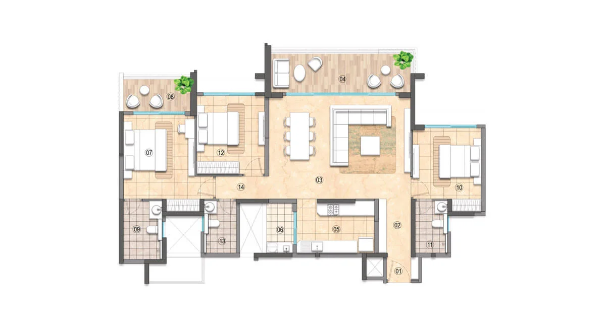 3 BHK (Luxe) Floor Plan – Tower D (Units 3 & 4), Lodha Haven