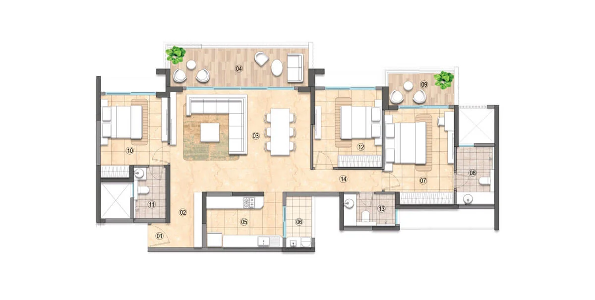 3 BHK (Luxe) Floor Plan – Tower E (Units 1 to 4), Lodha Haven