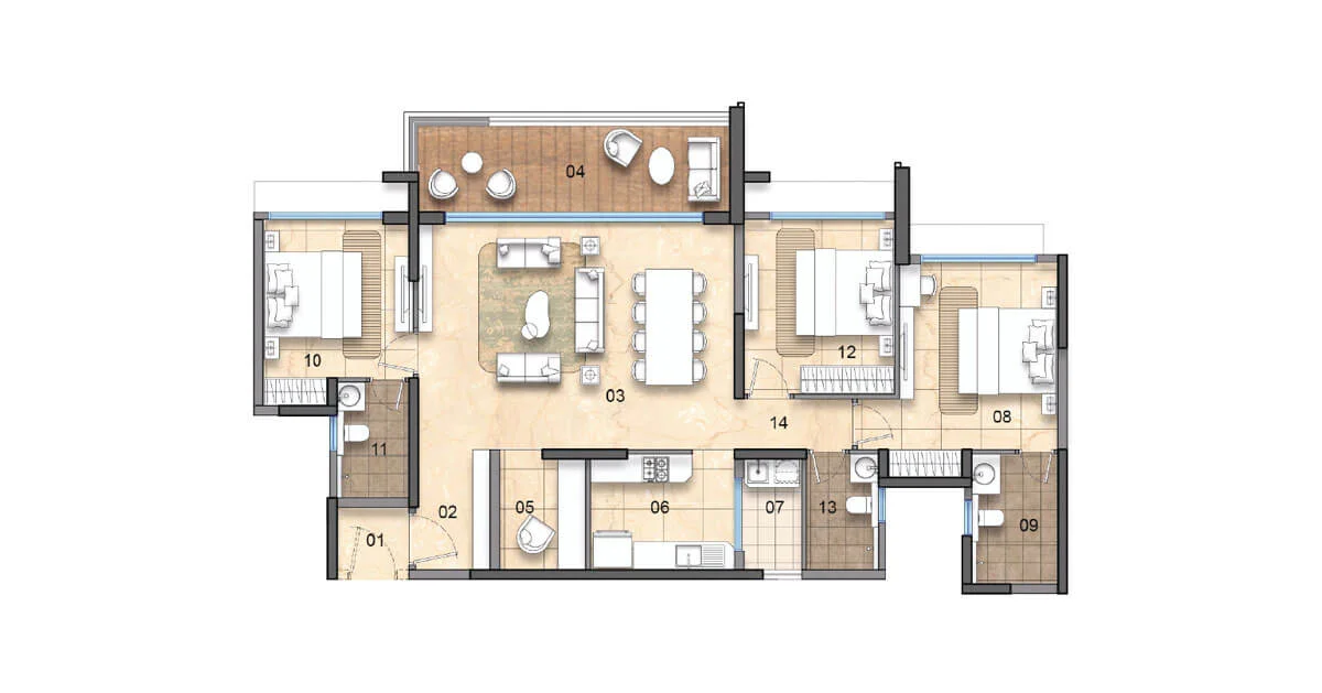 3 BHK with Study Floor Plan – Tower C (Units 1 & 2), Lodha Haven