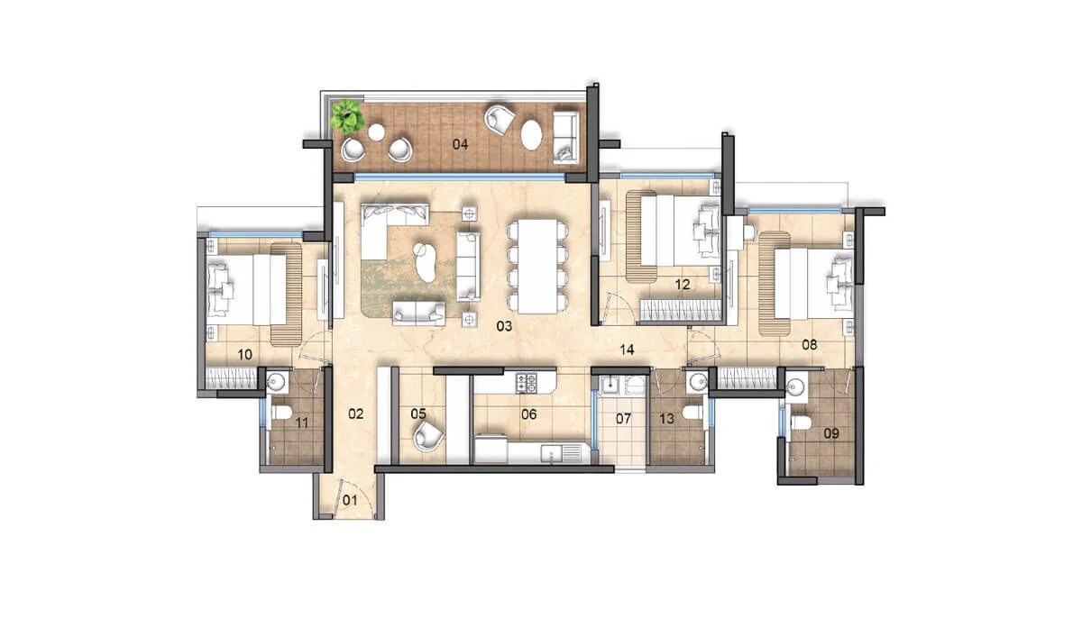 3 BHK with Study Floor Plan – Tower C (Units 3 & 4), Lodha Haven