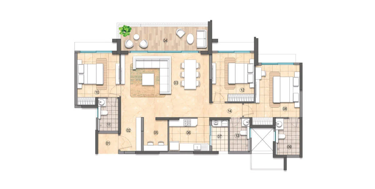 3 BHK with Study Floor Plan – Tower D (Units 1 & 2), Lodha Haven