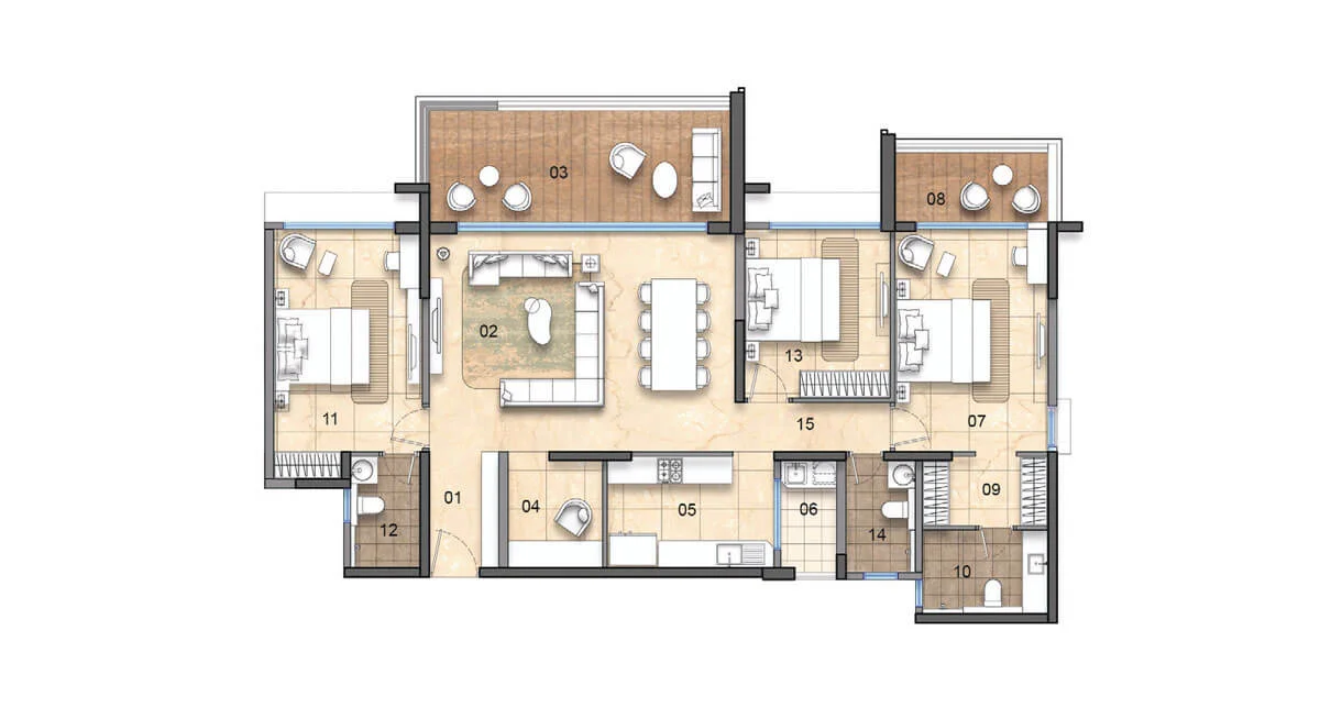 3 BHK with Study (Luxe) Floor Plan – Tower A & B (Units 1 & 2), Lodha Haven