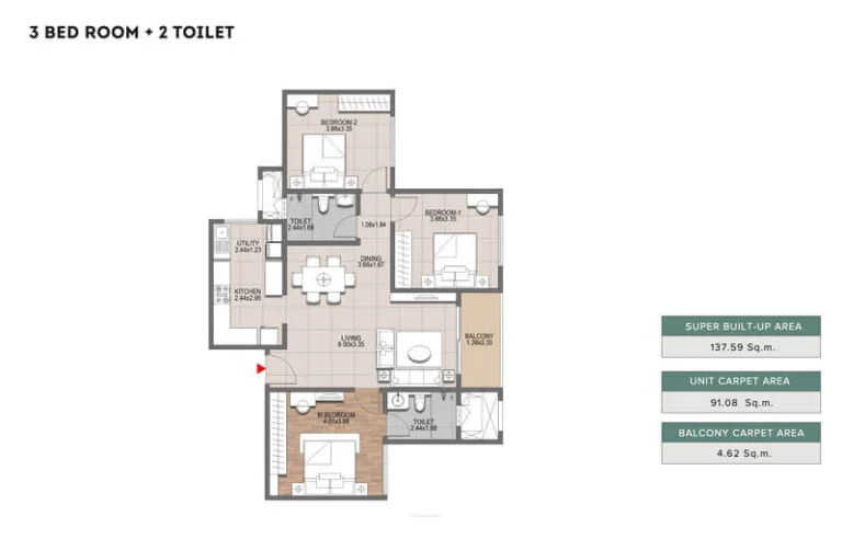 Brigade Lumina 3 BHK Dimensions and Carpet Area Layout
