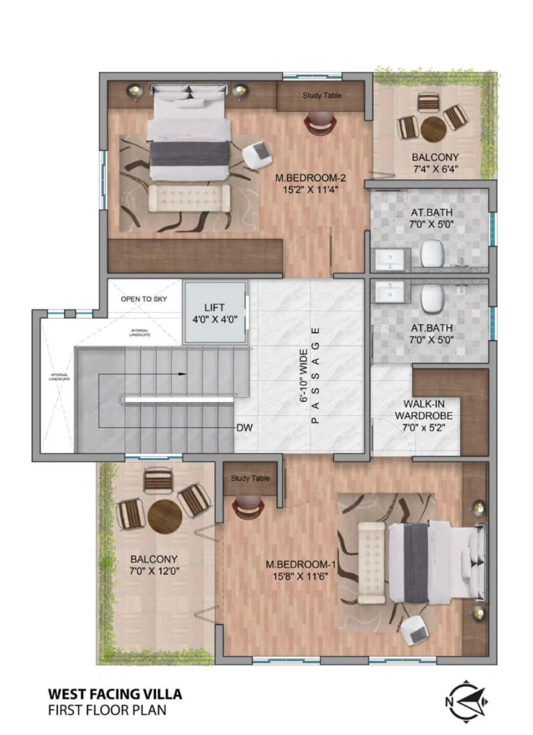 First-floor plan of Simhachalum luxury villas showing two master suites with walk-in wardrobes, attached baths, and private balconies.