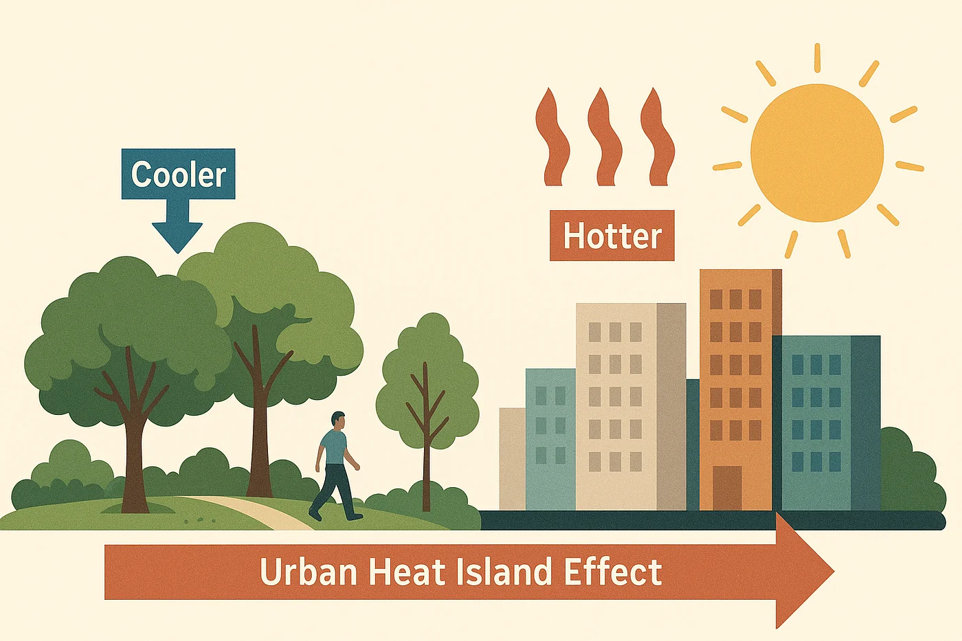 Urban heat island effect in Bengaluru showing rising temperatures in dense areas and cooling solutions through green infrastructure.