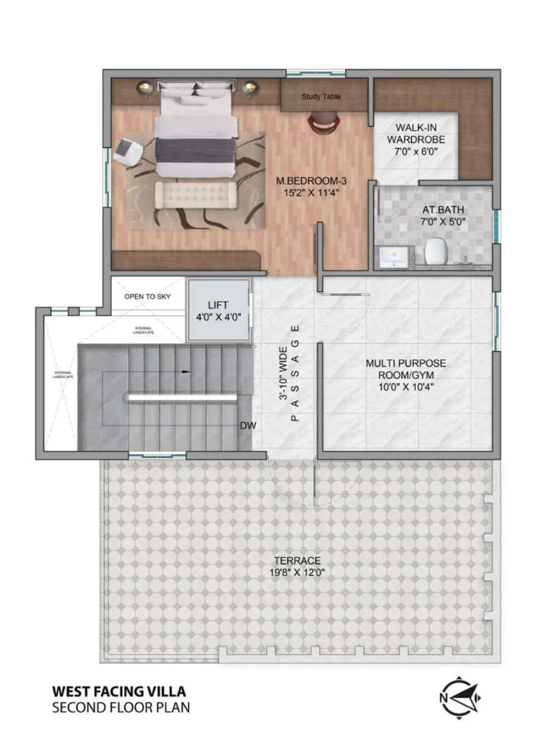 Second-floor plan of a Simhachalum villa featuring a multi-purpose room or home gym, an additional master bedroom, and a 19-foot wide private terrace.