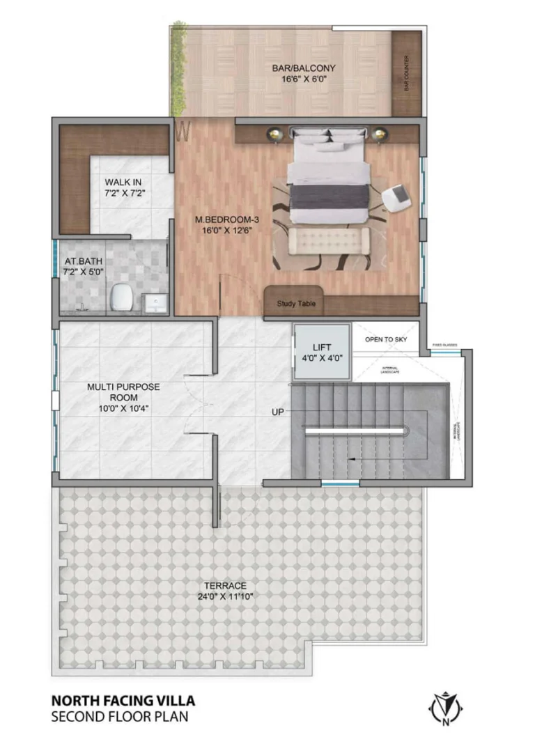 Second floor plan of a north-facing Simhachalum villa showing a multi-purpose room, an additional master bedroom, and a massive 24-foot wide rooftop terrace.
