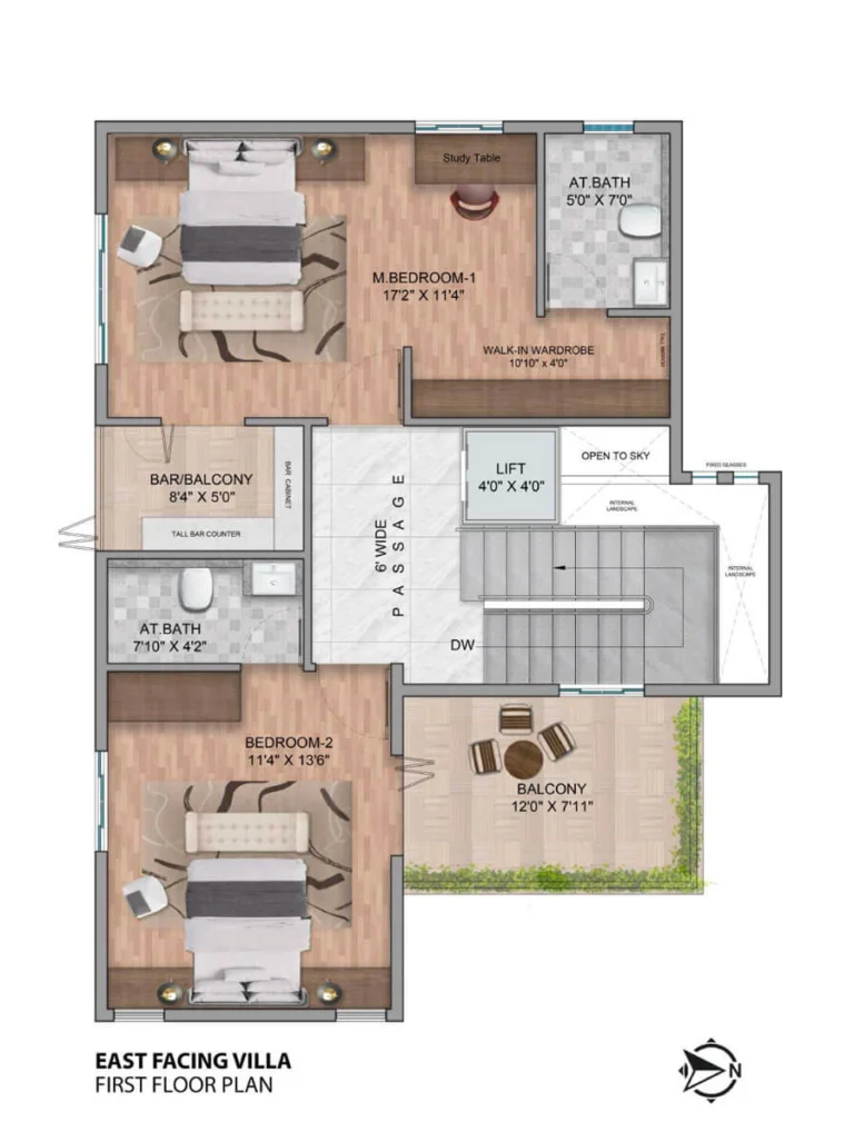 First floor layout of Simhachalum's 4BHK east-facing villa with a master suite, walk-in wardrobe, study table, and private bar/balcony.