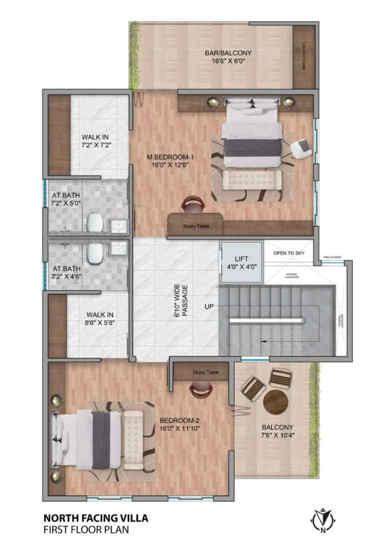 First floor layout of a Simhachalum 5BHK villa featuring two large bedrooms with walk-in wardrobes, a central lift, and a private bar balcony with a bar counter.