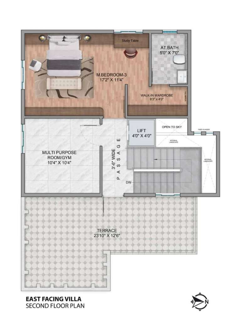 Second floor plan of a Simhachalum villa featuring an additional master bedroom, a multi-purpose gym room, and a 23-foot wide rooftop terrace.