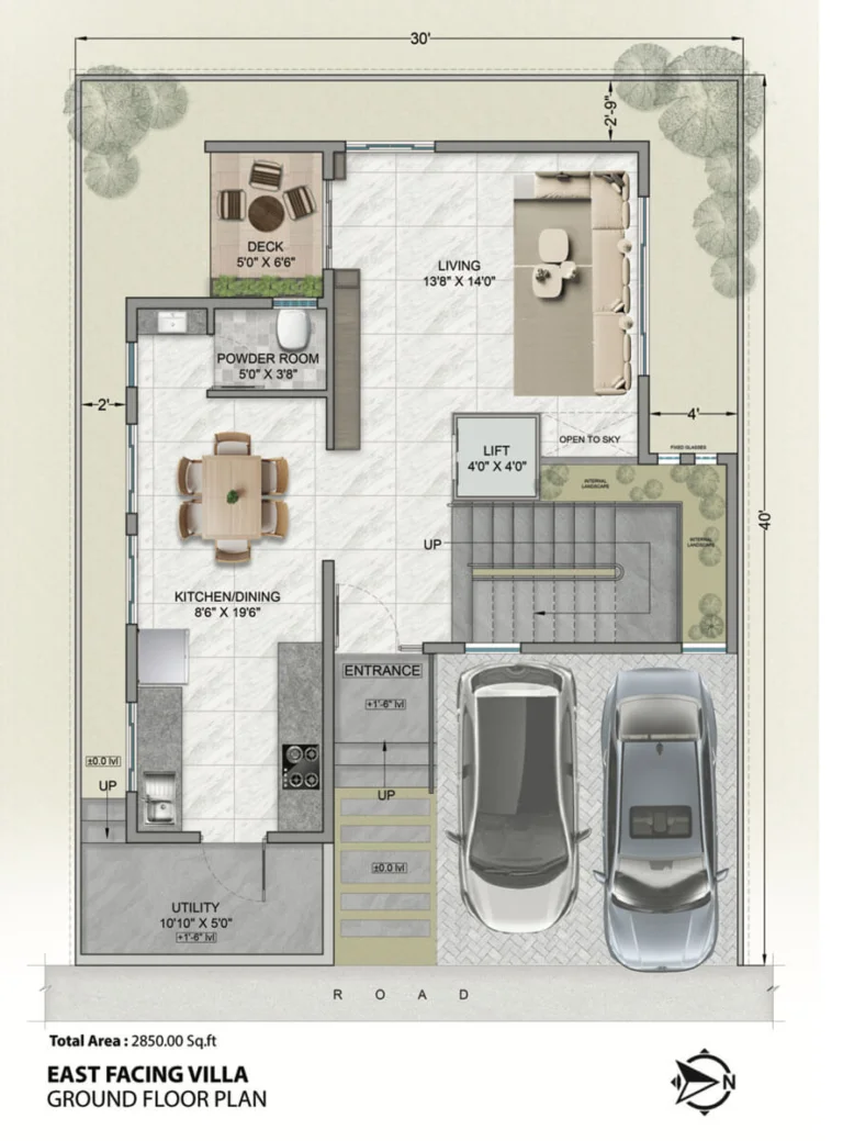 Ground floor plan of an east-facing luxury villa at Simhachalum, Electronic City, showing 2 car parks, a private lift, and a spacious living area with an outdoor deck.