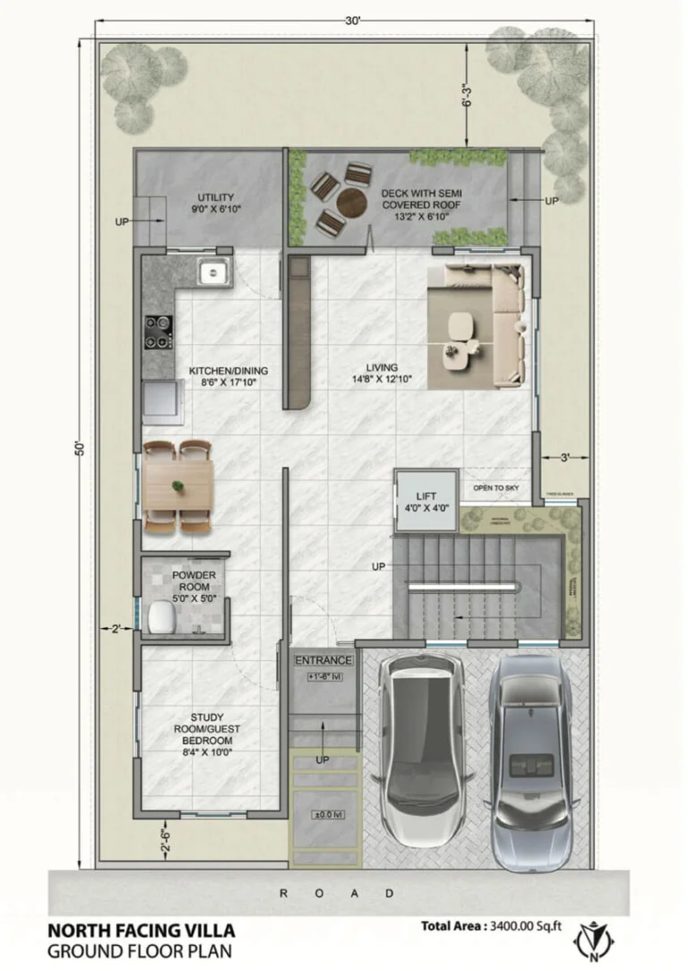Ground floor plan of a 5BHK north-facing villa at Simhachalum in Electronic City, showing 2-car parking, guest bedroom/study, private elevator, and a deck with a semi-covered roof.