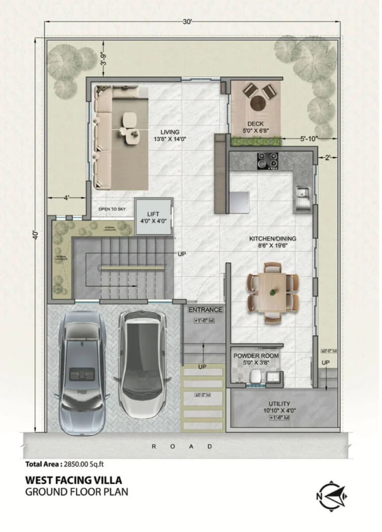 Ground floor layout of a 4BHK west-facing luxury villa at Simhachalum, Electronic City, featuring a private elevator, two-car parking, and an integrated kitchen-dining area.
